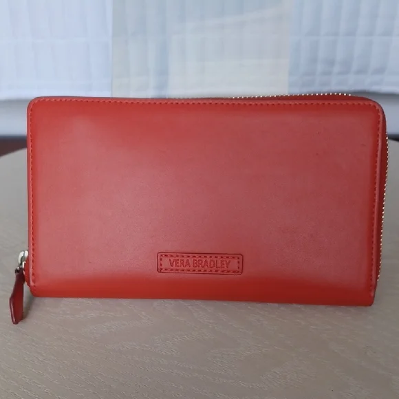 Vera Bradley Coral Red Faux Leather Accordian Style Zip Around Wallet - Picture 1 of 16